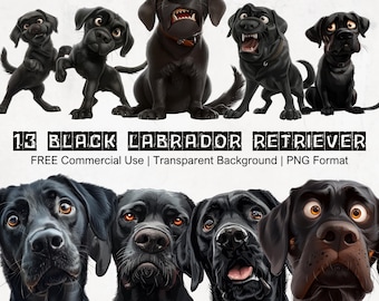 Quirky Black Labrador Retriever Clipart, Dog PNG Graphics, Funny Animal Illustrations, Instant Download