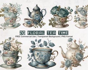 Tea Time Clipart: Vintage Blumen PNG Grafiken (digitaler Download)