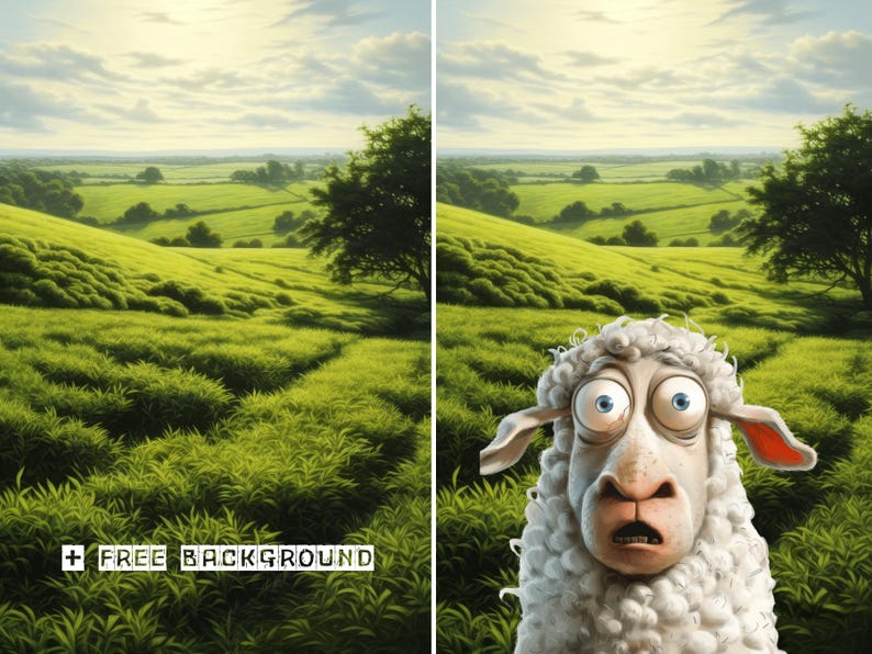 May include: A cartoon sheep with large, wide eyes and a surprised expression is looking directly at the camera. The sheep is in a field of green grass with a rolling hill in the background.
