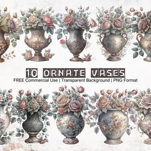 May include: Ten ornate vases with floral arrangements of pink, white, and yellow roses. The vases are decorated with intricate designs and have a vintage aesthetic.