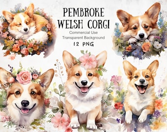 Floral Corgi Watercolor Clipart: Pet Birthday Graphics (Digital Download)
