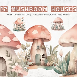 Ensemble de graphismes aquarelle de maisons champignon, champignon rose fantastique, art de la nature forêt mignon pour journal indésirable, format PNG téléchargement immédiat