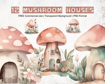 Mushroom Houses Watercolor Graphics: Fantasy Forest Art (PNG Download)