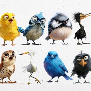 Puede incluir: Una colecci&oacute;n de ocho p&aacute;jaros de dibujos animados con diferentes colores y expresiones. Los p&aacute;jaros est&aacute;n todos mirando hacia adelante y tienen diferentes poses. Los p&aacute;jaros est&aacute;n sobre un fondo blanco.