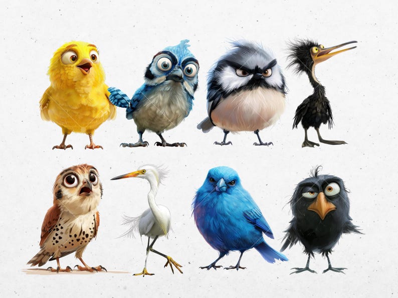 Puede incluir: Una colecci&oacute;n de ocho p&aacute;jaros de dibujos animados con diferentes colores y expresiones. Los p&aacute;jaros est&aacute;n todos mirando hacia adelante y tienen diferentes poses. Los p&aacute;jaros est&aacute;n sobre un fondo blanco.