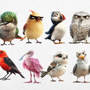 Puede incluir: Una colecci&oacute;n de ocho p&aacute;jaros de dibujos animados con diferentes colores y patrones. Los p&aacute;jaros est&aacute;n todos mirando hacia adelante y tienen diferentes expresiones en sus caras.