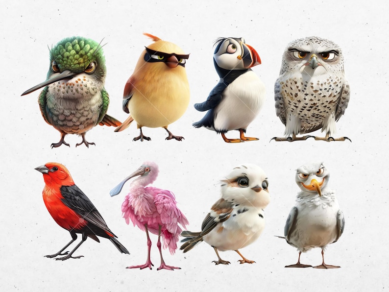 Puede incluir: Una colecci&oacute;n de ocho p&aacute;jaros de dibujos animados con diferentes colores y patrones. Los p&aacute;jaros est&aacute;n todos mirando hacia adelante y tienen diferentes expresiones en sus caras.