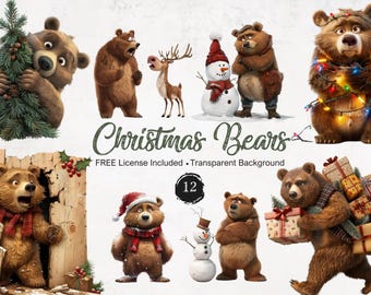 May include: Twelve digital illustrations of brown bears in various Christmas-themed poses. The bears are wearing hats, scarves, and holding gifts. Some bears are standing next to Christmas trees, snowmen, and reindeer. The text "Christmas Bears" is written in green cursive letters with glitter accents. The text "FREE License Included - Transparent Background" is written in black letters below the title. The number "12" is written in white letters on a black circle.