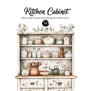 May include: A white kitchen cabinet with two drawers and three shelves. The shelves are filled with various kitchenware, including teapots, mugs, bowls, and jars. The cabinet has a floral design on the front.