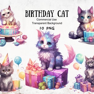 Clipart anniversaire chat chat aquarelle fête félin avec gâteau Illustrations de chat de joyeux anniversaire pour faire-parts et conceptions graphiques numériques