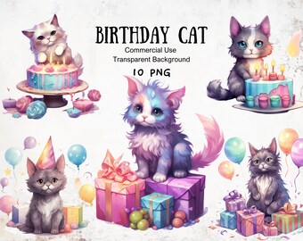 Watercolor Birthday Cat Clipart: Feline Party Illustrations (Digital Download)