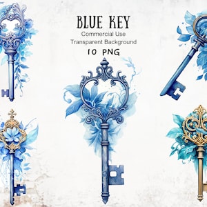 Clipart de chave azul de fantasia em aquarela para projetos extravagantes, gráficos temáticos azuis para convite de casamento, chave de conto de fadas para o amor, chave encantada