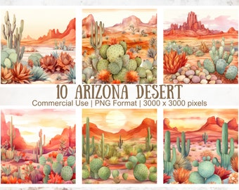 Watercolor Arizona Desert Digital Paper: Cactus Sunset Landscape (PNG)