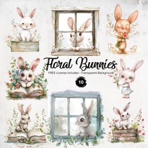 Floral Bunny Clipart Niedliche Kaninchen Grafiken in PNG-Format Transparenten Hintergrund Skurrile Häschen Illustrationen