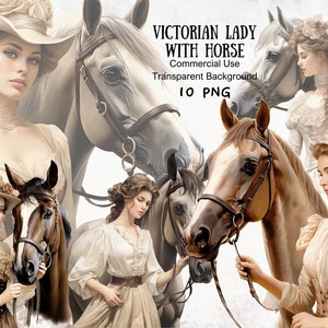 Dame victorienne avec cheval aquarelle Clipart, Clipart équin de Style victorien, Clipart vintage, Clipart Cottagecore, graphique de Junk Journal