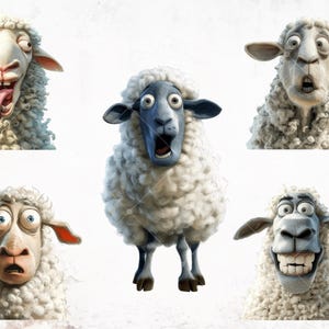 May include: Five sheep with different facial expressions. The sheep are white with fluffy wool. One sheep has a blue face.