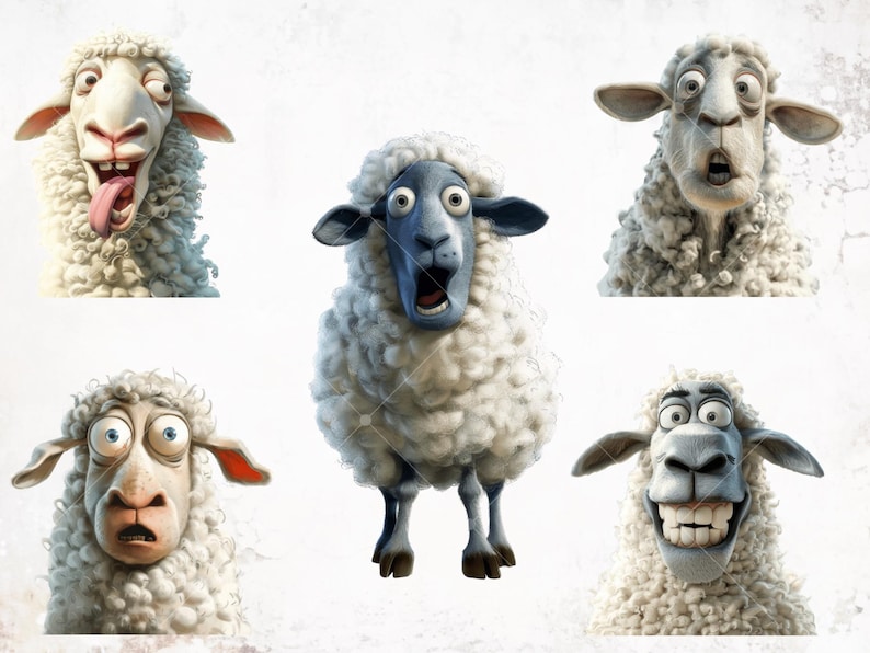 May include: Five sheep with different facial expressions. The sheep are white with fluffy wool. One sheep has a blue face.