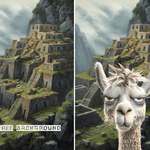 May include: A white llama with a grumpy expression stands in front of a stone structure resembling an ancient temple. The temple is built into a mountainside and is overgrown with green vegetation. The sky is cloudy and gray.