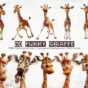 Lustige Giraffe Clipart Bundle PNG Download, 300 DPI hochwertige Grafiken mit transparentem Hintergrund, niedlich und urkomisch Giraffe
