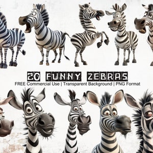 Grappige en humoristische zebra clipart bundel, grillige komische zebra's, grappige uitdrukkingen van een zebra, transparante achtergrond, grappige dierenafbeeldingen