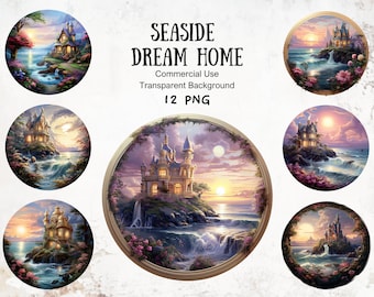 Beachfront Mansion Clipart: Coastal Estate PNG Graphics (Digital Download)