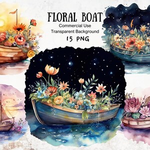 Clipart bateau floral aquarelle, PNG de haute qualité, téléchargement immédiat, projets sur le thème botanique, bateau floral, art sur le thème de l'océan, art nautique