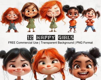 Glückliche Mädchen Clipart, schrullig Cartoon Kinder Illustrationen, lustige Gesichter PNG Format, Instant Download, wunderliche Sammlung