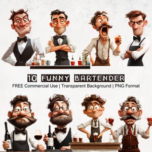 Peut inclure: Illustration numérique de dix barmans de dessins animés avec diverses expressions. Les barmans portent des tenues classiques, avec des nœuds papillon et des gilets. Le texte "10 FUNNY BARTENDER" est affiché en dessous.