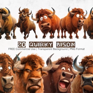 Bundle original de cliparts dessin animé, grimaces d'un bison Images imprimables, fichier PNG Transparent, graphisme bovin, art animalier humoristique