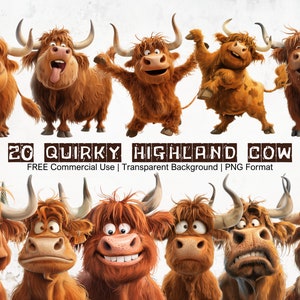 Highland Cow clipart bundel eigenzinnige en grappige gezichten van een Highland Cow afdrukbare set hilarische Highland Cow PNG plakboekafbeeldingen