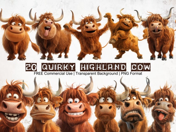 Highland Cow Clipart Bundle: Funny PNG Graphics (Digital Download)