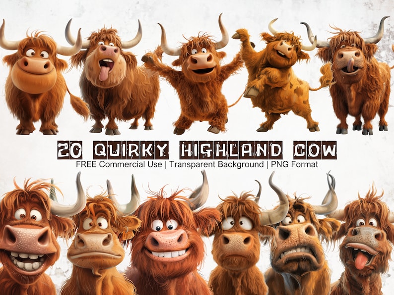 Highland Cow Clipart Bundle Quirky and Funny Faces of a Highland Cow Printable Set Hilarious Highland Cow PNG Scrapbook Graphics from Trashpanda Studio PH on ETSY