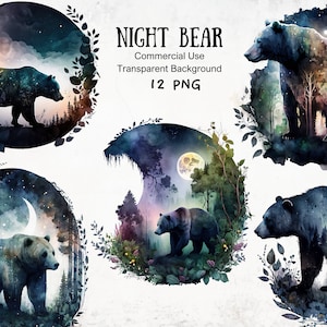 Clipart nachtbeer, beer onder de sterren, nachtelijke bosberen, bos Fantasy Wildlife, bosthemaprojecten, grillige schattige beren