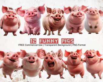 Paquete de imágenes prediseñadas de cerdos divertidos PNG para descargar, gráficos de alta calidad de 300 DPI con fondo transparente, cerdos lindos y divertidos, ilustración de cerdo