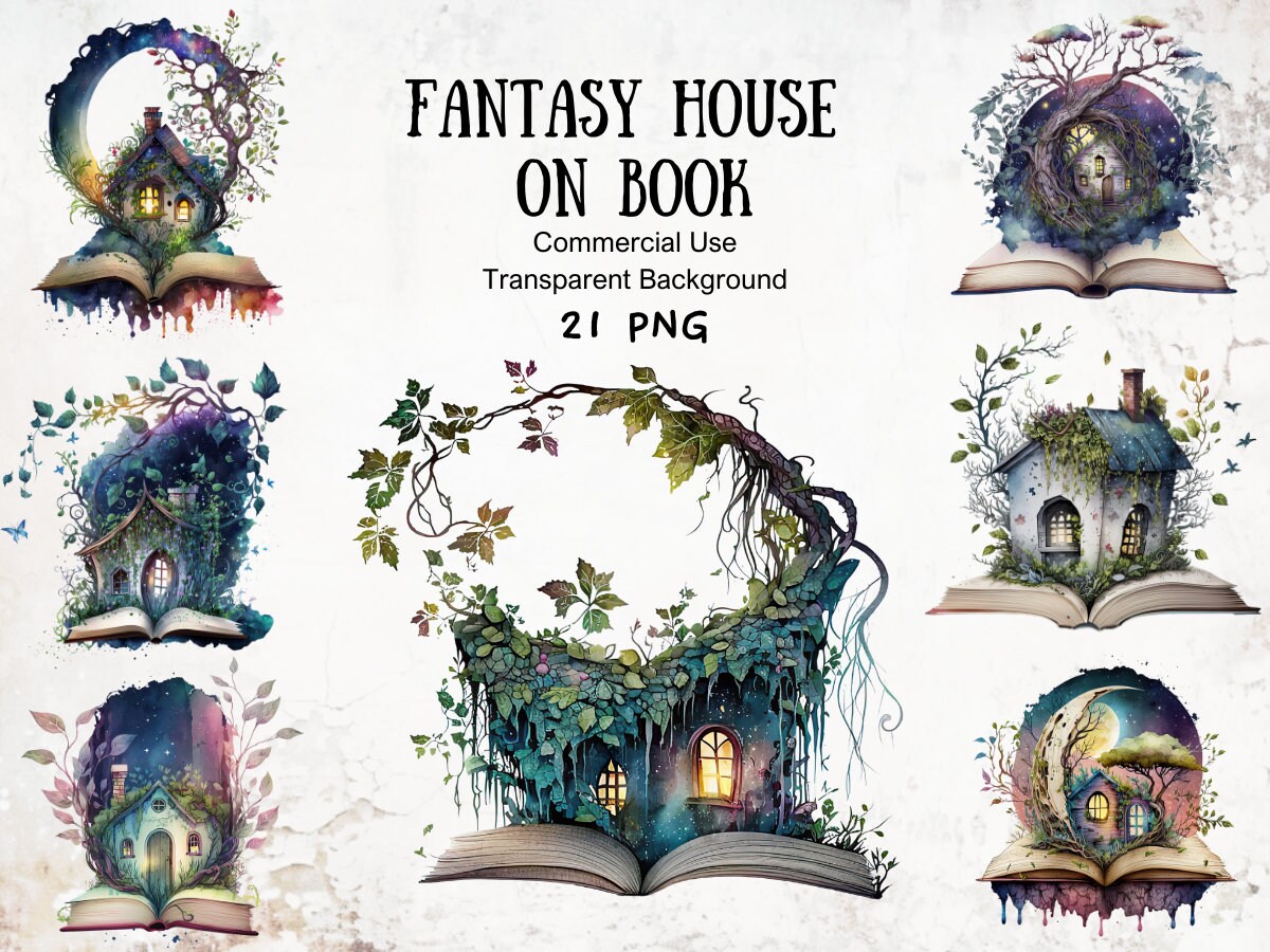 Book Clipart Fantasy Illustrations Whimsical Watercolor Fairy House