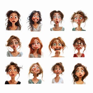 Może przedstawiać: Kolekcja dwunastu ilustracji kresk&oacute;wkowych kobiet z przesadzonymi wyrazami twarzy. Każda kobieta ma inną fryzurę i odcień sk&oacute;ry, a wszystkie wyrażają szok, strach lub zaskoczenie. Tła są białe.