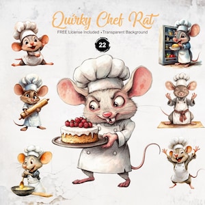 May include: A set of 7 digital illustrations of a cartoon chef rat wearing a white chef hat and apron. The rat is shown in different poses, including holding a rolling pin, a cake, a spoon, and a spatula. The illustrations are in a watercolor style and have a whimsical feel.