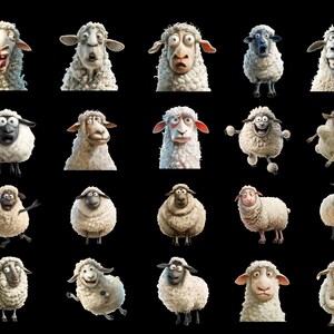 May include: A collection of 18 cartoon sheep with different facial expressions, including happy, sad, surprised, and angry. The sheep are all white with black eyes and noses.