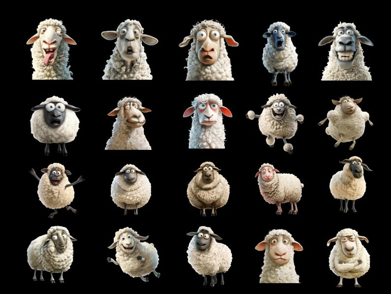 May include: A collection of 18 cartoon sheep with different facial expressions, including happy, sad, surprised, and angry. The sheep are all white with black eyes and noses.