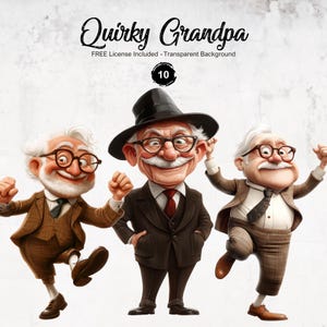 Imágenes prediseñadas de abuelo peculiar. Imágenes PNG de abuelo divertido para manualidades digitales y de papel con fondo transparente. Descarga instantánea.