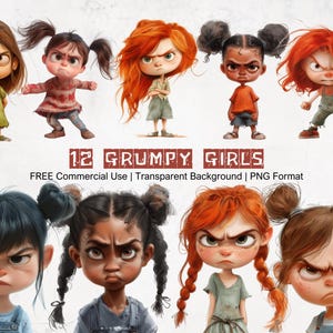 Raccolta di grafica di bambina scontrosa clipart di ragazza per biglietti di auguri di compleanno, cartoni animati, ragazze, sfondo trasparente, stampabile, PNG