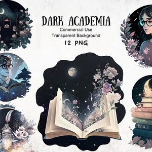 May include: A set of 12 digital illustrations in a dark academia theme. The illustrations feature a variety of elements, including a book with flowers growing from it, a girl with glasses, a boy reading a book, a stack of books, and a moon. The illustrations are all set against a dark background with stars.