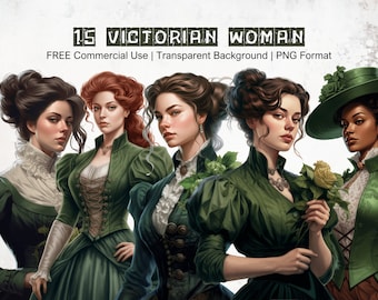 Green Victorian Woman Clipart: Vintage Lady PNG Bundle (Digital Download)