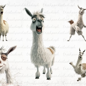 May include: Four white llamas with different facial expressions. The llamas are cartoon-like and have fluffy fur.