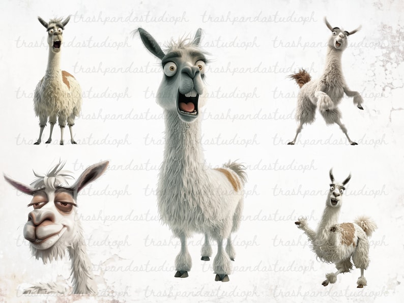 May include: Four white llamas with different facial expressions. The llamas are cartoon-like and have fluffy fur.