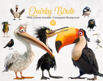 50 Funny Birds Clipart Quirky Animal Graphics PNG Transparent Background Instant Download Quirky Illustrations