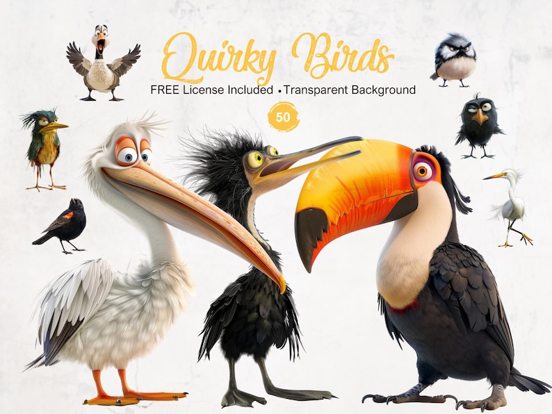 Puede incluir: Una colecci&oacute;n de 50 ilustraciones de p&aacute;jaros de dibujos animados extravagantes con fondos transparentes. Los p&aacute;jaros est&aacute;n en varias poses y expresiones, incluyendo un pel&iacute;cano, un tuc&aacute;n y un p&aacute;jaro negro con un mohawk.