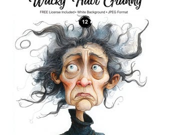 Babcia z szalonymi włosami, grafika: zabawna grafika twarzy babci (do pobrania natychmiast w formacie JPG)
