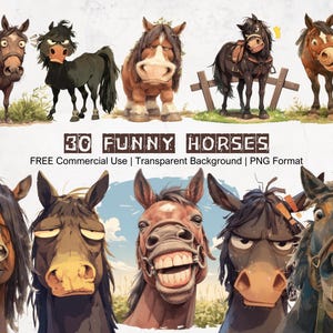 Collection imprimable de cliparts drôles de chevaux de bande dessinée, graphiques hilarants d'animaux de ferme avec un fond transparent