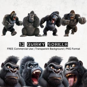 May include: A collection of 13 quirky gorilla illustrations in various poses and expressions. The gorillas are depicted in shades of gray and black, with some showing open mouths and angry faces. Text reads "13 Quirky Gorilla".